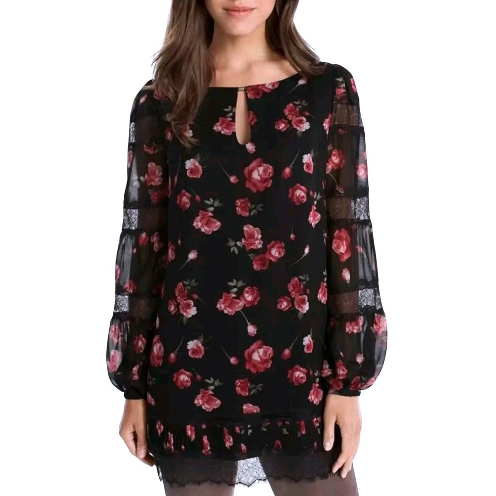 White House Black Market Whimsigoth Floral Blouse Keyhole Neck‎ Long Sleeve 14
